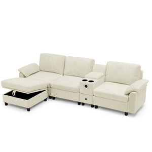 English Elm Modern Modular L Shaped Sectional Sofa with Storage Console and Liftable Chaise Ottoman Beige W487S00609