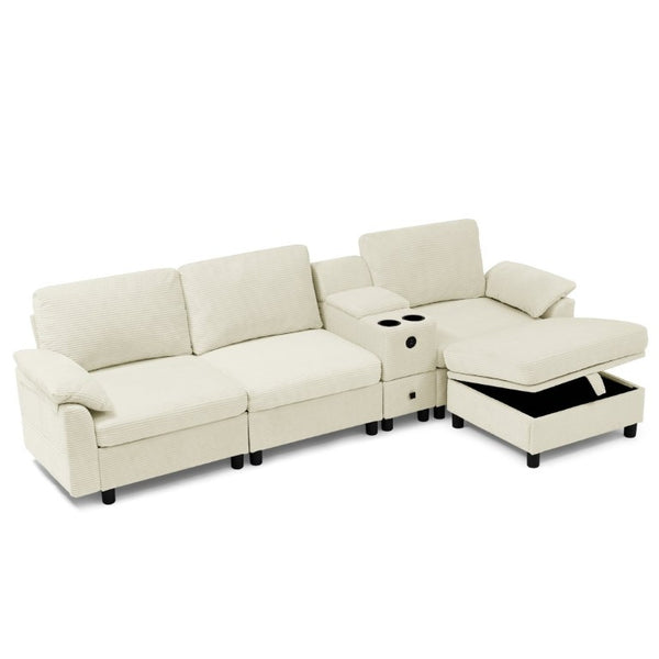 English Elm Modern Modular L Shaped Sectional Sofa with Storage Console and Liftable Chaise Ottoman Beige W487S00609