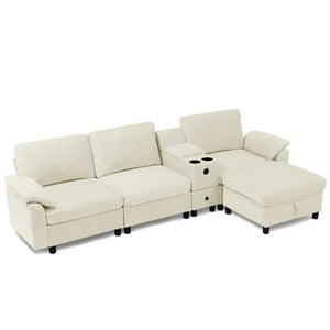 English Elm Modern Modular L Shaped Sectional Sofa with Storage Console and Liftable Chaise Ottoman Beige W487S00609