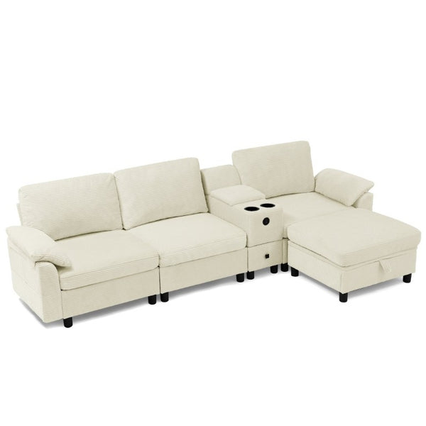 English Elm Modern Modular L Shaped Sectional Sofa with Storage Console and Liftable Chaise Ottoman Beige W487S00609