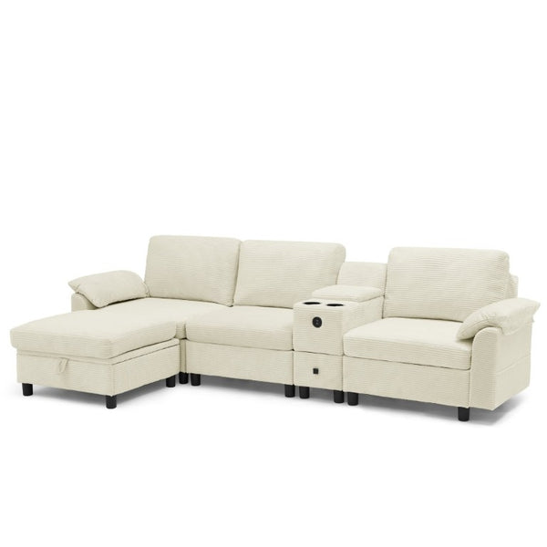 English Elm Modern Modular L Shaped Sectional Sofa with Storage Console and Liftable Chaise Ottoman Beige W487S00609