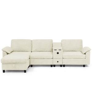 English Elm Modern Modular L Shaped Sectional Sofa with Storage Console and Liftable Chaise Ottoman Beige W487S00609