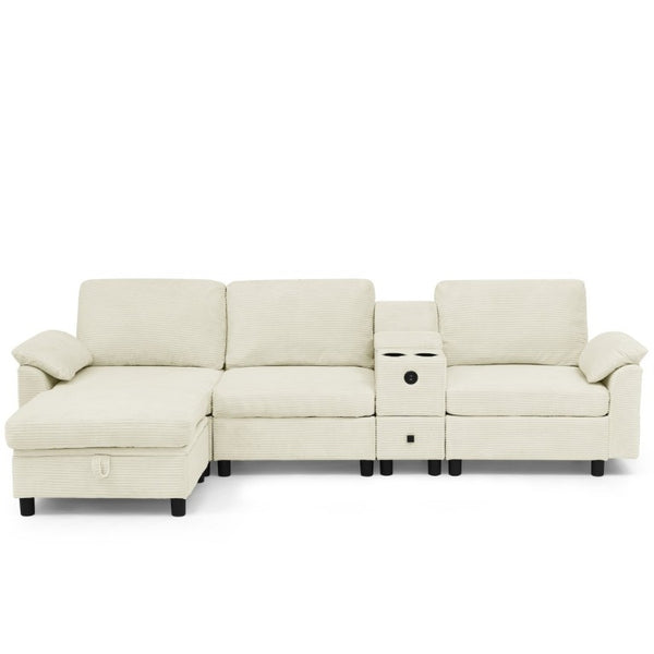 English Elm Modern Modular L Shaped Sectional Sofa with Storage Console and Liftable Chaise Ottoman Beige W487S00609