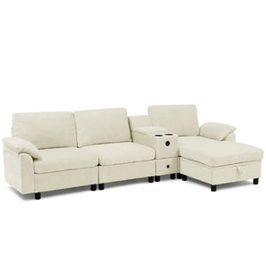English Elm Modern Modular L Shaped Sectional Sofa with Storage Console and Liftable Chaise Ottoman Beige W487S00609