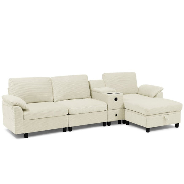 English Elm Modern Modular L Shaped Sectional Sofa with Storage Console and Liftable Chaise Ottoman Beige W487S00609