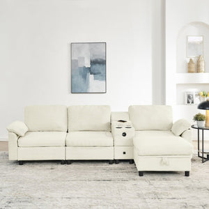English Elm Modern Modular L Shaped Sectional Sofa with Storage Console and Liftable Chaise Ottoman Beige W487S00609