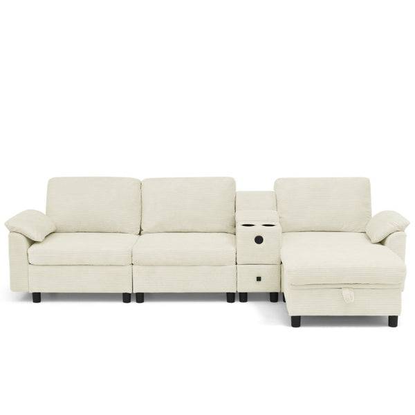 English Elm Modern Modular L Shaped Sectional Sofa with Storage Console and Liftable Chaise Ottoman Beige W487S00609