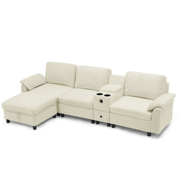 English Elm Modern Modular L Shaped Sectional Sofa with Storage Console and Liftable Chaise Ottoman Beige W487S00609