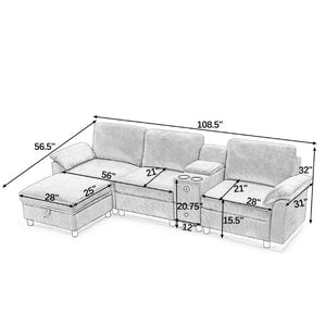 English Elm Modern Modular L Shaped Sectional Sofa with Storage Console and Liftable Chaise Ottoman Beige W487S00609
