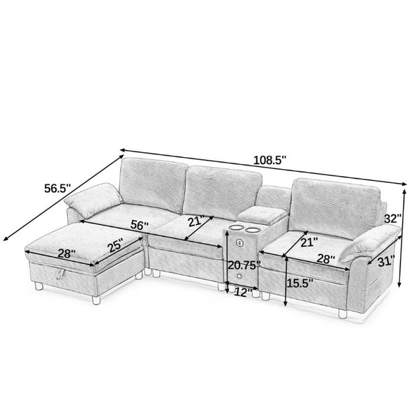 English Elm Modern Modular L Shaped Sectional Sofa with Storage Console and Liftable Chaise Ottoman Beige W487S00609