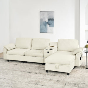 English Elm Modern Modular L Shaped Sectional Sofa with Storage Console and Liftable Chaise Ottoman Beige W487S00609