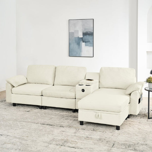 English Elm Modern Modular L Shaped Sectional Sofa with Storage Console and Liftable Chaise Ottoman Beige W487S00609