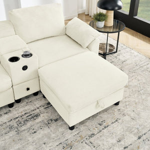 English Elm Modern Modular L Shaped Sectional Sofa with Storage Console and Liftable Chaise Ottoman Beige W487S00609