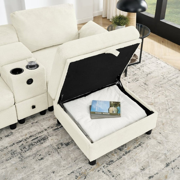 English Elm Modern Modular L Shaped Sectional Sofa with Storage Console and Liftable Chaise Ottoman Beige W487S00609