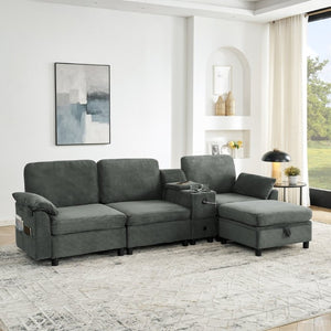 English Elm Modern Modular L Shaped Sectional Sofa with Storage Console and Liftable Chaise Ottoman Dark Gray W487S00610