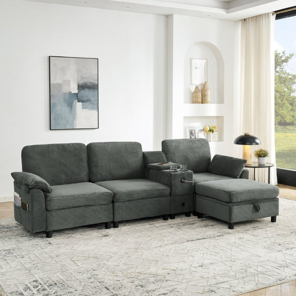 English Elm Modern Modular L Shaped Sectional Sofa with Storage Console and Liftable Chaise Ottoman Dark Gray W487S00610