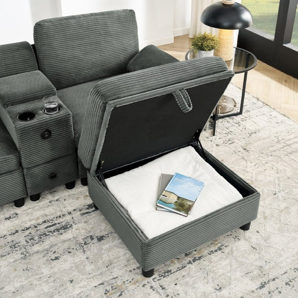 English Elm Modern Modular L Shaped Sectional Sofa with Storage Console and Liftable Chaise Ottoman Dark Gray W487S00610