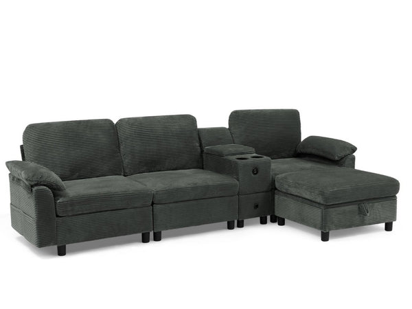 English Elm Modern Modular L Shaped Sectional Sofa with Storage Console and Liftable Chaise Ottoman Dark Gray W487S00610