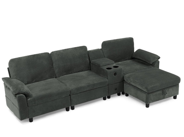 English Elm Modern Modular L Shaped Sectional Sofa with Storage Console and Liftable Chaise Ottoman Dark Gray W487S00610