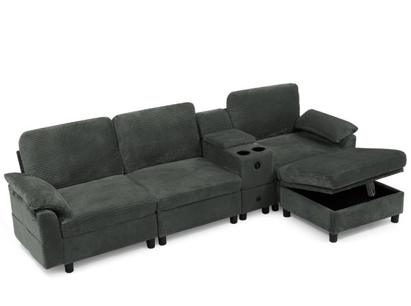 English Elm Modern Modular L Shaped Sectional Sofa with Storage Console and Liftable Chaise Ottoman Dark Gray W487S00610