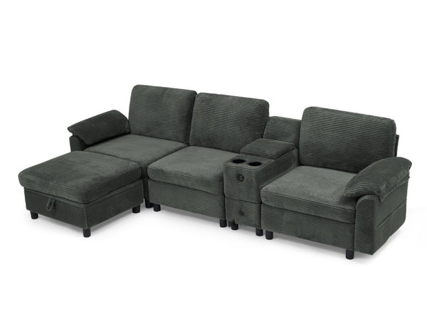 English Elm Modern Modular L Shaped Sectional Sofa with Storage Console and Liftable Chaise Ottoman Dark Gray W487S00610