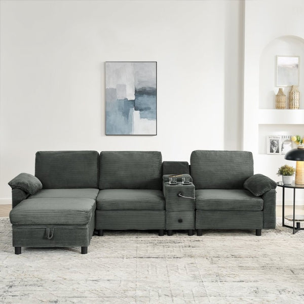 English Elm Modern Modular L Shaped Sectional Sofa with Storage Console and Liftable Chaise Ottoman Dark Gray W487S00610