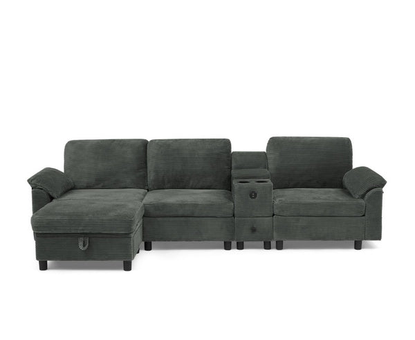 English Elm Modern Modular L Shaped Sectional Sofa with Storage Console and Liftable Chaise Ottoman Dark Gray W487S00610