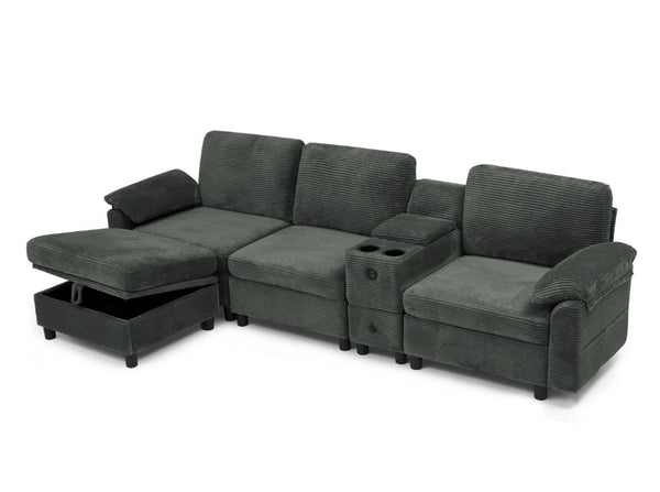 English Elm Modern Modular L Shaped Sectional Sofa with Storage Console and Liftable Chaise Ottoman Dark Gray W487S00610