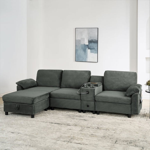 English Elm Modern Modular L Shaped Sectional Sofa with Storage Console and Liftable Chaise Ottoman Dark Gray W487S00610