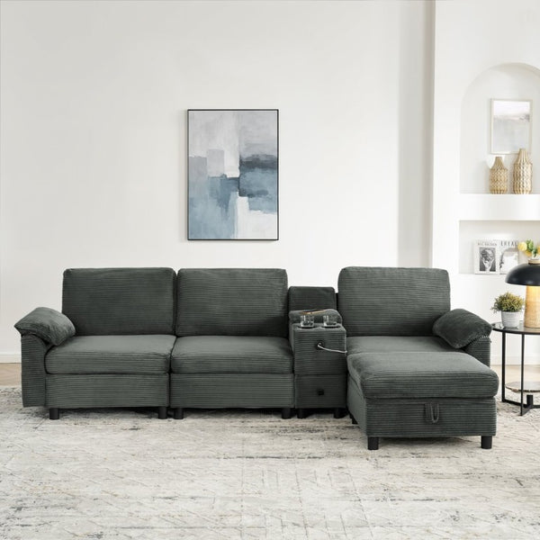 English Elm Modern Modular L Shaped Sectional Sofa with Storage Console and Liftable Chaise Ottoman Dark Gray W487S00610
