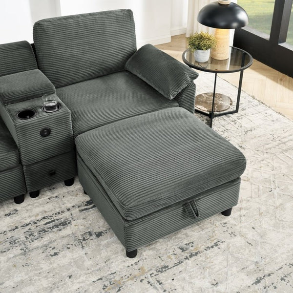 English Elm Modern Modular L Shaped Sectional Sofa with Storage Console and Liftable Chaise Ottoman Dark Gray W487S00610