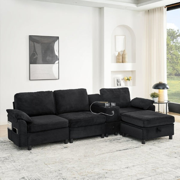English Elm Modern Modular L Shaped Sectional Sofa with Storage Console and Liftable Chaise Ottoman Black W487S00611