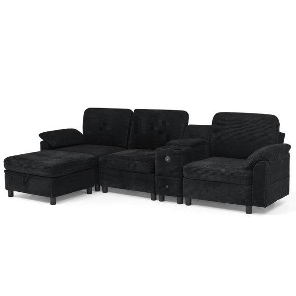English Elm Modern Modular L Shaped Sectional Sofa with Storage Console and Liftable Chaise Ottoman Black W487S00611