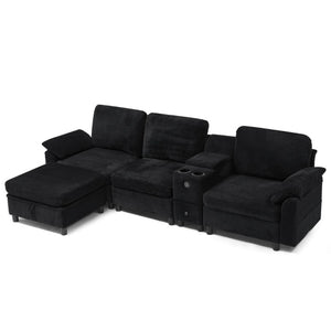 English Elm Modern Modular L Shaped Sectional Sofa with Storage Console and Liftable Chaise Ottoman Black W487S00611