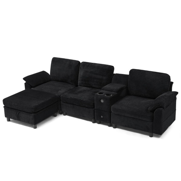 English Elm Modern Modular L Shaped Sectional Sofa with Storage Console and Liftable Chaise Ottoman Black W487S00611