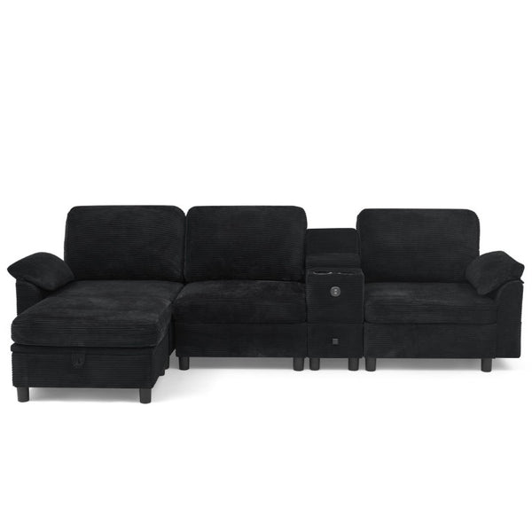 English Elm Modern Modular L Shaped Sectional Sofa with Storage Console and Liftable Chaise Ottoman Black W487S00611