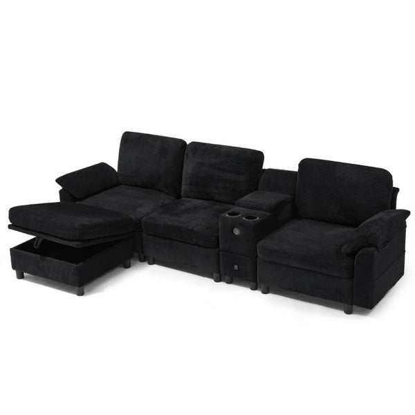 English Elm Modern Modular L Shaped Sectional Sofa with Storage Console and Liftable Chaise Ottoman Black W487S00611