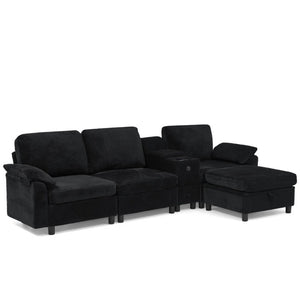 English Elm Modern Modular L Shaped Sectional Sofa with Storage Console and Liftable Chaise Ottoman Black W487S00611