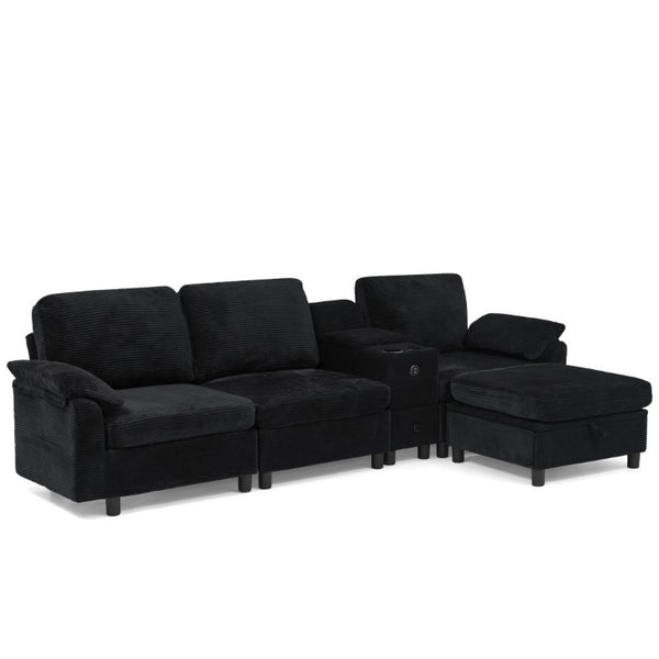 English Elm Modern Modular L Shaped Sectional Sofa with Storage Console and Liftable Chaise Ottoman Black W487S00611