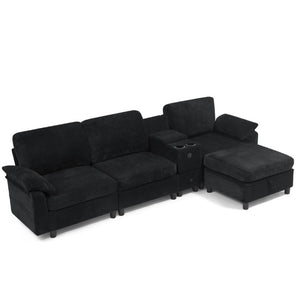 English Elm Modern Modular L Shaped Sectional Sofa with Storage Console and Liftable Chaise Ottoman Black W487S00611