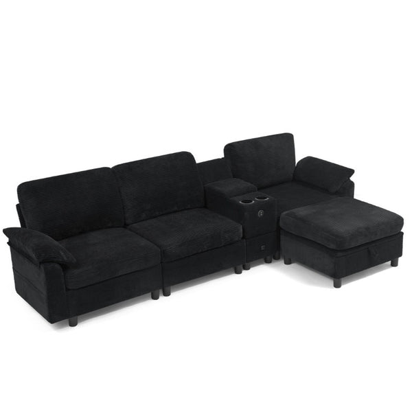 English Elm Modern Modular L Shaped Sectional Sofa with Storage Console and Liftable Chaise Ottoman Black W487S00611