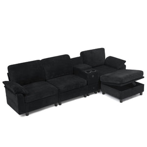 English Elm Modern Modular L Shaped Sectional Sofa with Storage Console and Liftable Chaise Ottoman Black W487S00611