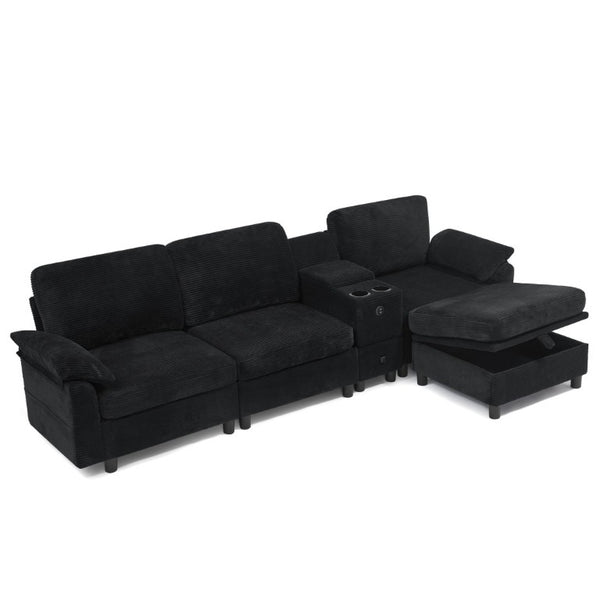 English Elm Modern Modular L Shaped Sectional Sofa with Storage Console and Liftable Chaise Ottoman Black W487S00611