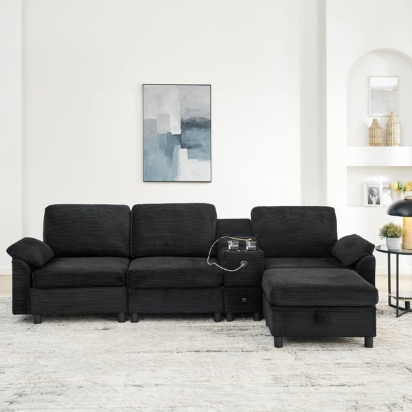 English Elm Modern Modular L Shaped Sectional Sofa with Storage Console and Liftable Chaise Ottoman Black W487S00611