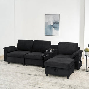 English Elm Modern Modular L Shaped Sectional Sofa with Storage Console and Liftable Chaise Ottoman Black W487S00611