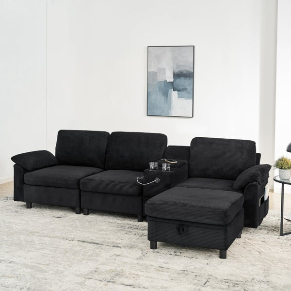 English Elm Modern Modular L Shaped Sectional Sofa with Storage Console and Liftable Chaise Ottoman Black W487S00611