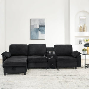 English Elm Modern Modular L Shaped Sectional Sofa with Storage Console and Liftable Chaise Ottoman Black W487S00611