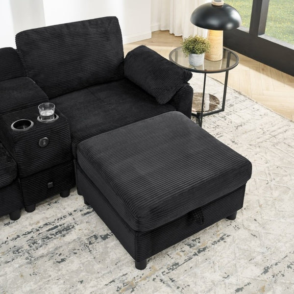 English Elm Modern Modular L Shaped Sectional Sofa with Storage Console and Liftable Chaise Ottoman Black W487S00611