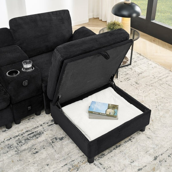 English Elm Modern Modular L Shaped Sectional Sofa with Storage Console and Liftable Chaise Ottoman Black W487S00611