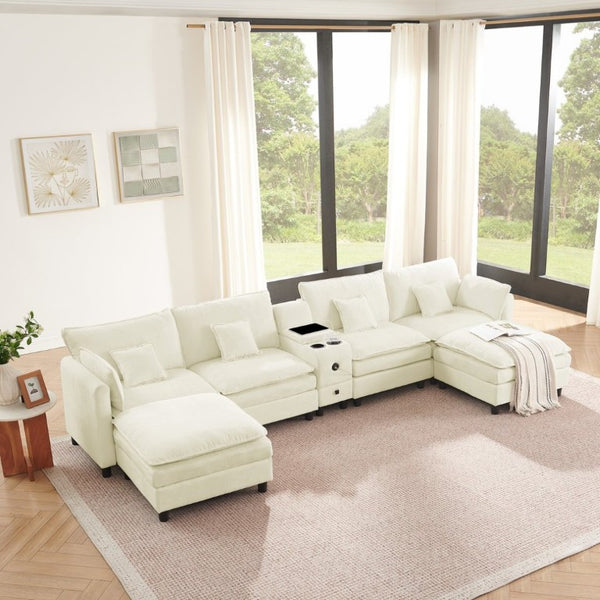 English Elm Modular L Shaped Sectional with Reversible Chaise USB Charging and Hidden Storage Beige W487S00612